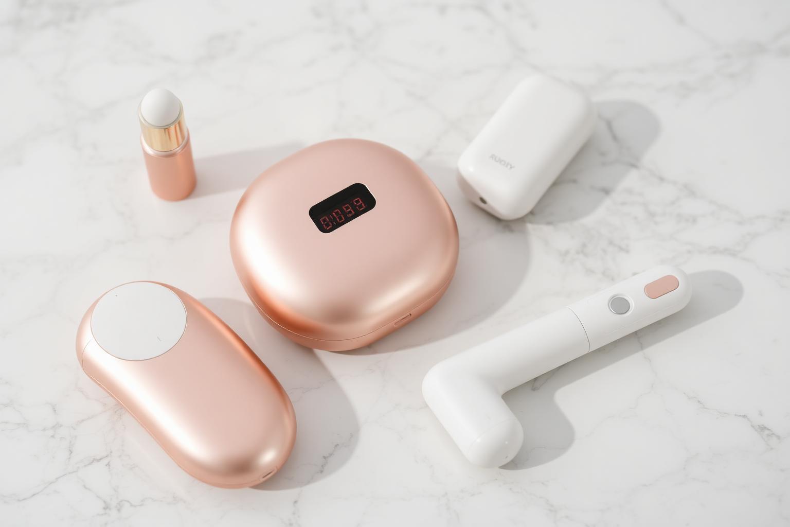 Flat lay of at-home beauty tech devices including LED tools and microcurrent devices on marble surface