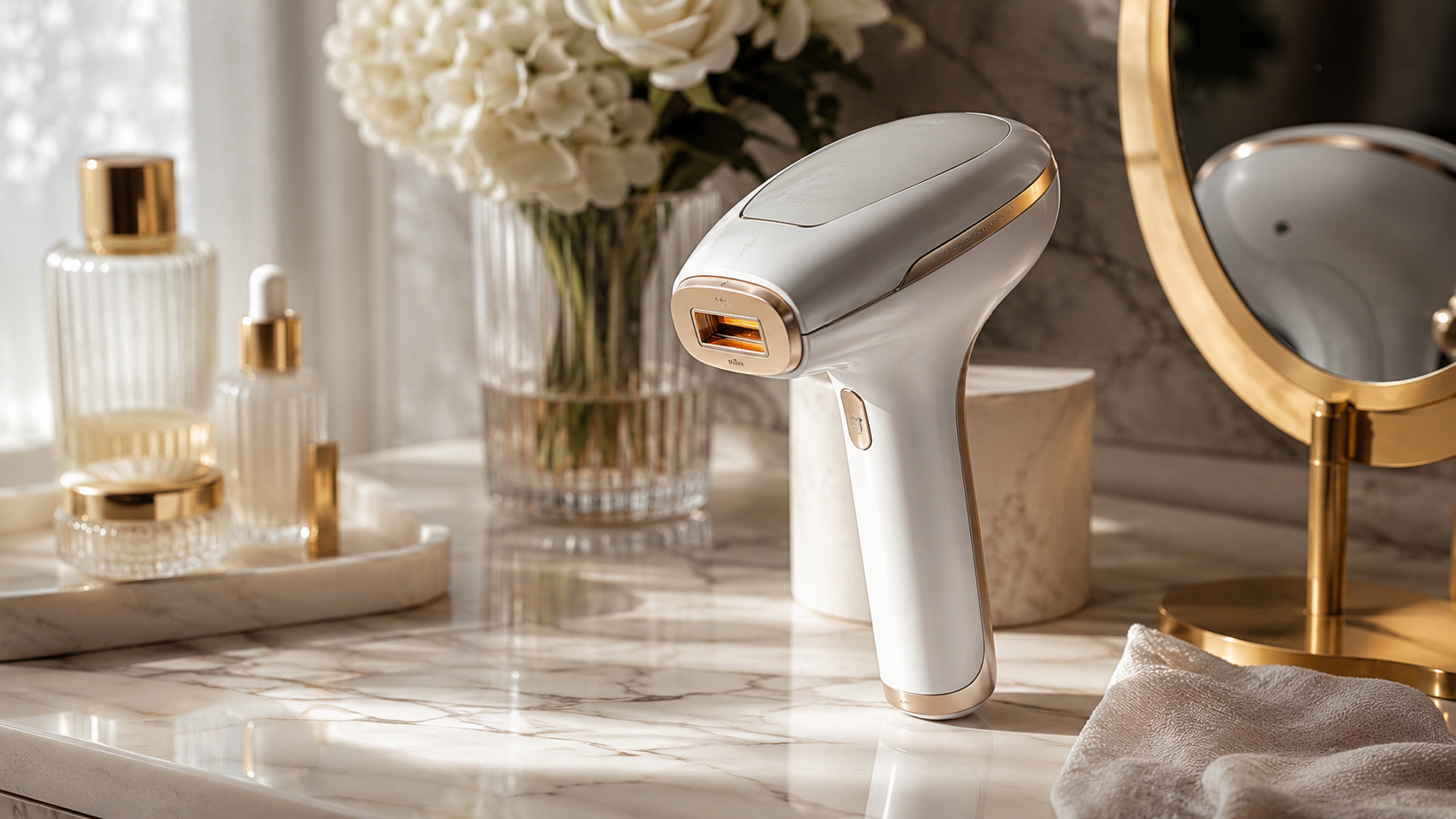 Generic IPL hair removal device on a luxury bathroom vanity with skincare products