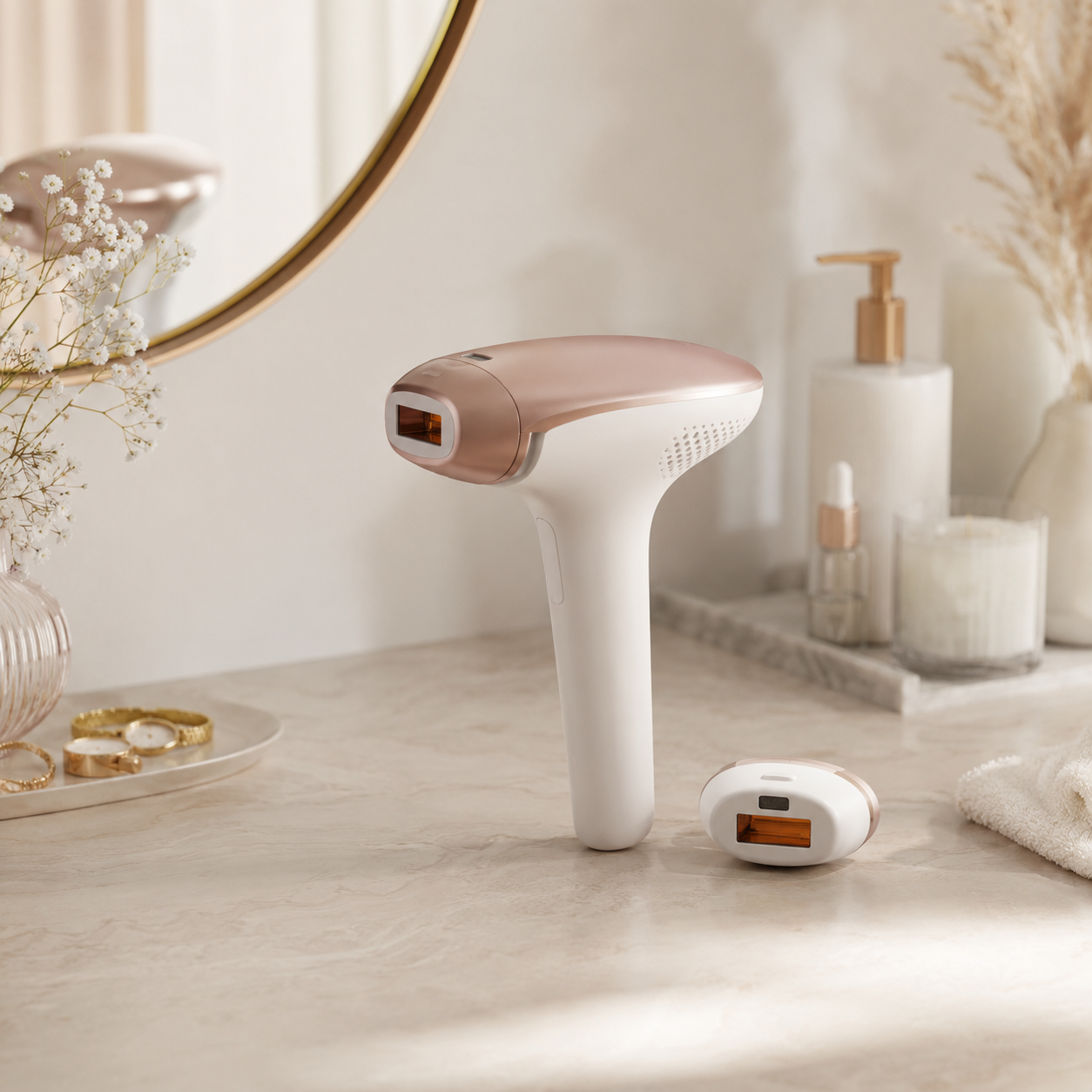 Woman using a generic microcurrent facial device at home