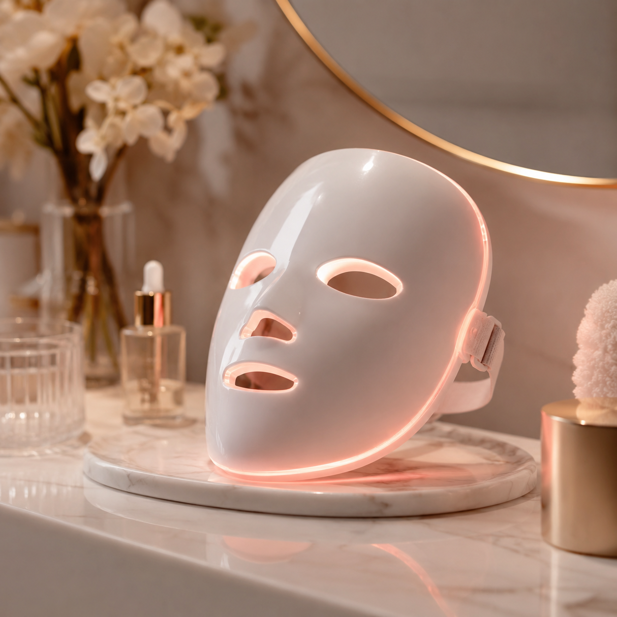Generic skincare tools and beauty-tech devices on a luxury vanity