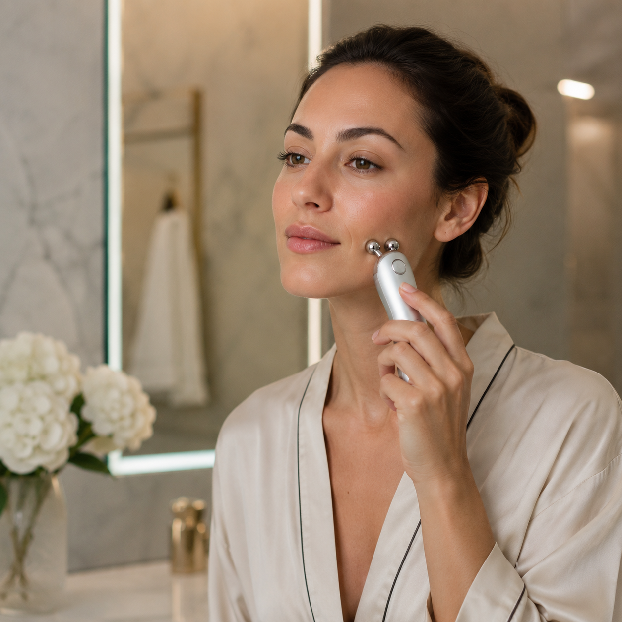 Generic at-home IPL hair removal devices arranged on a luxury vanity