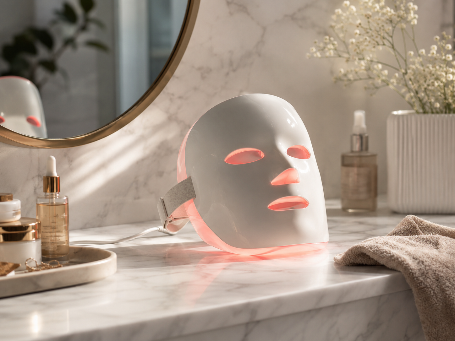 Generic LED face mask on a luxury bathroom vanity with skincare products