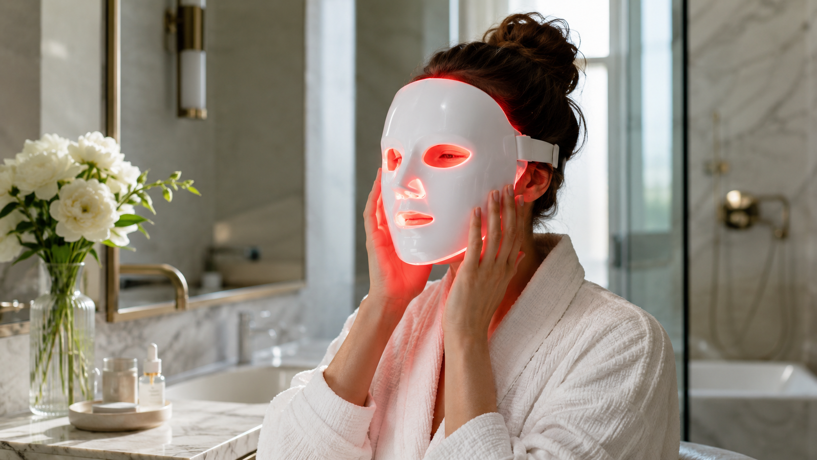 Woman using a generic LED face mask during an at-home skincare routine